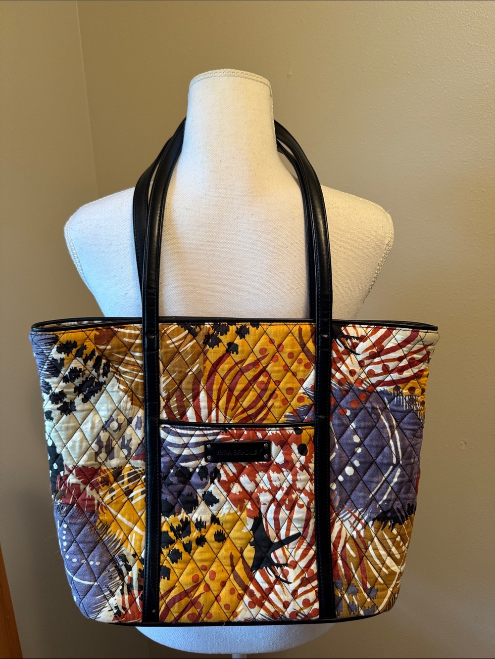 New Vera Bradley Quilted Multi-Color Tote Bag with Black Leather Trim